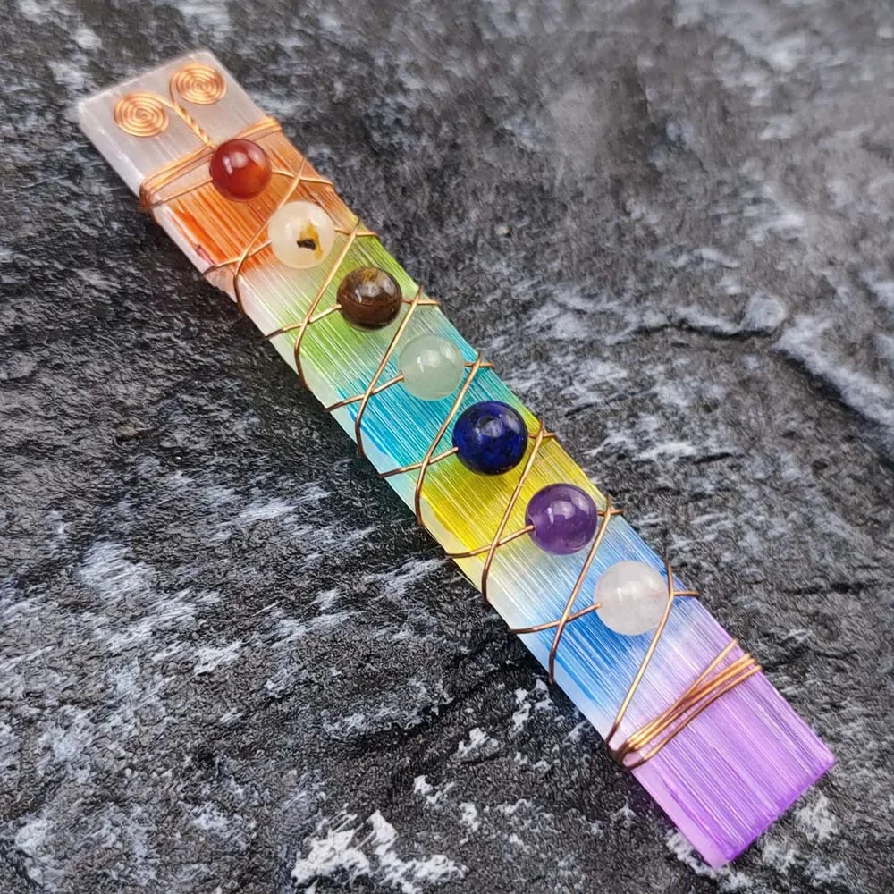 7 Chakra Rainbow Color Wire Wraped Raw Selenite Stick Tumbled Stones for Reiki Healing Crystals Yoga Meditation Balancing Aura