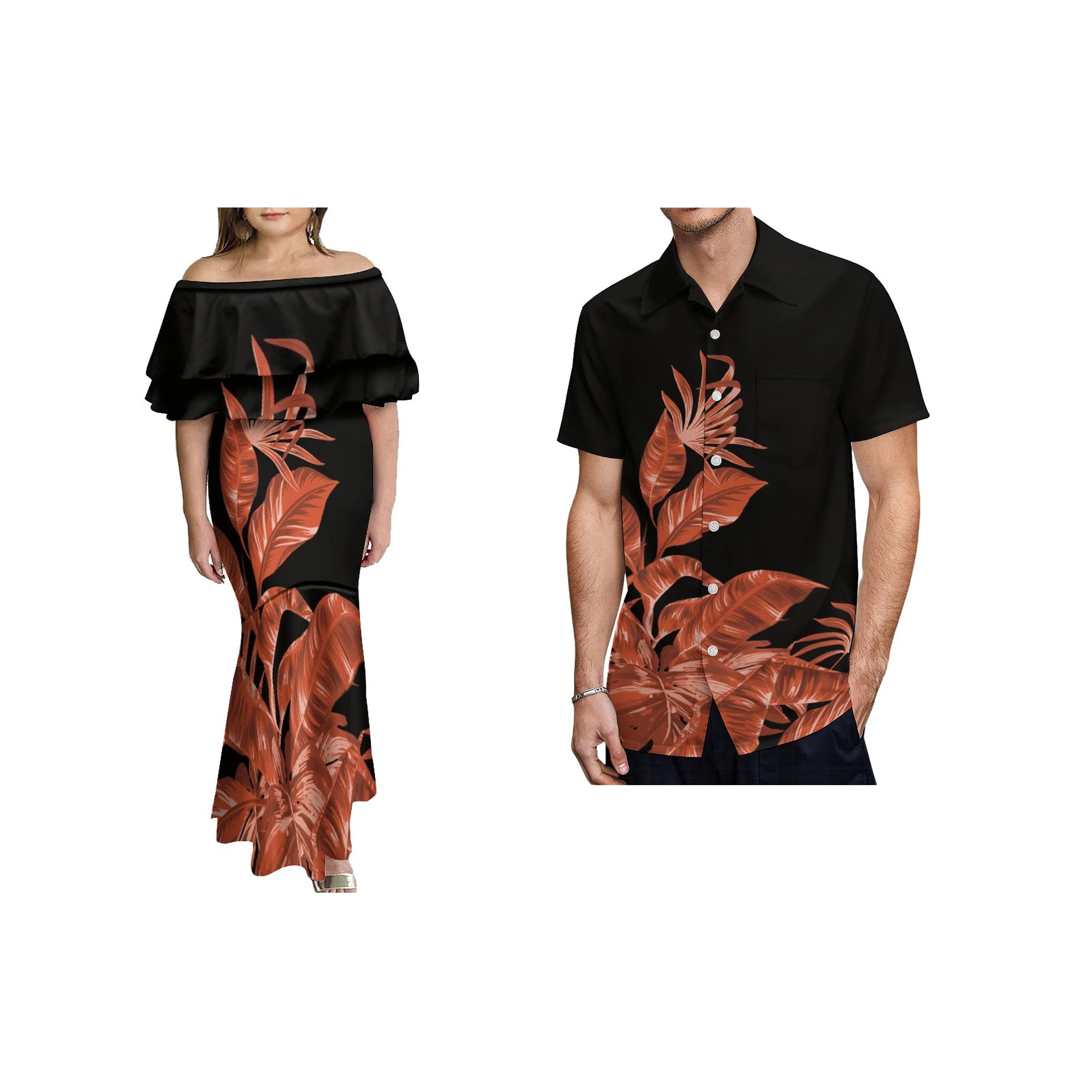 Wholesale Custom Design Polynesian Traditional Dresses Fishtail Mermaid Dresse  Collocation Plumeria Men Shirt Sets Of Couple