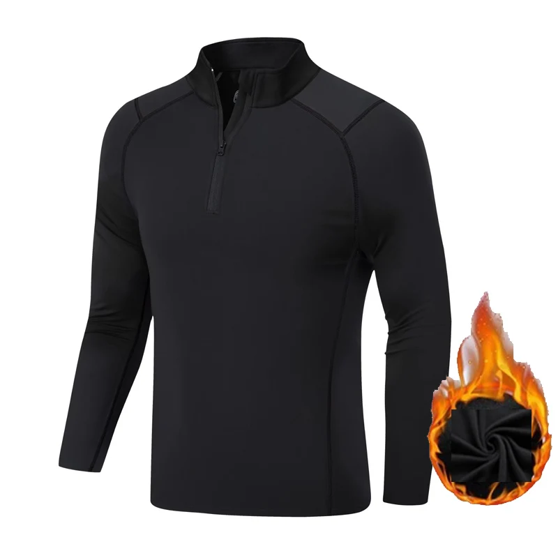 Thermal Tops Winter Thermal Shirts Men's Long Top Black Compression T-shirt zip collar Fleece Second Skin First layer shirt kids