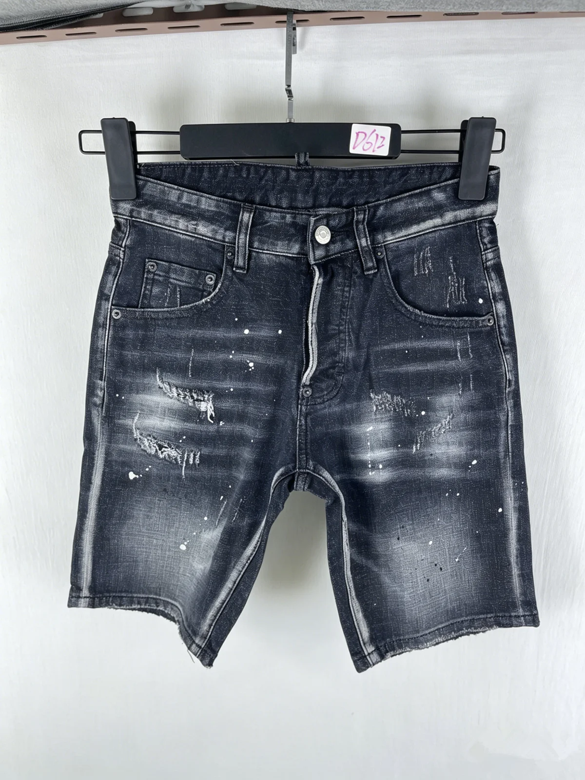 D612 Summer New Men's Jeans Washed Ripped Patch Ink Slim-fit Black Denim Shorts for Men
