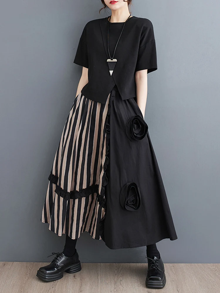 Striped Patchwork Floral Skirt Women Black Vintage High Waist Korean Fashion Loose Casual Long Skirts Clothes New Summer 2024