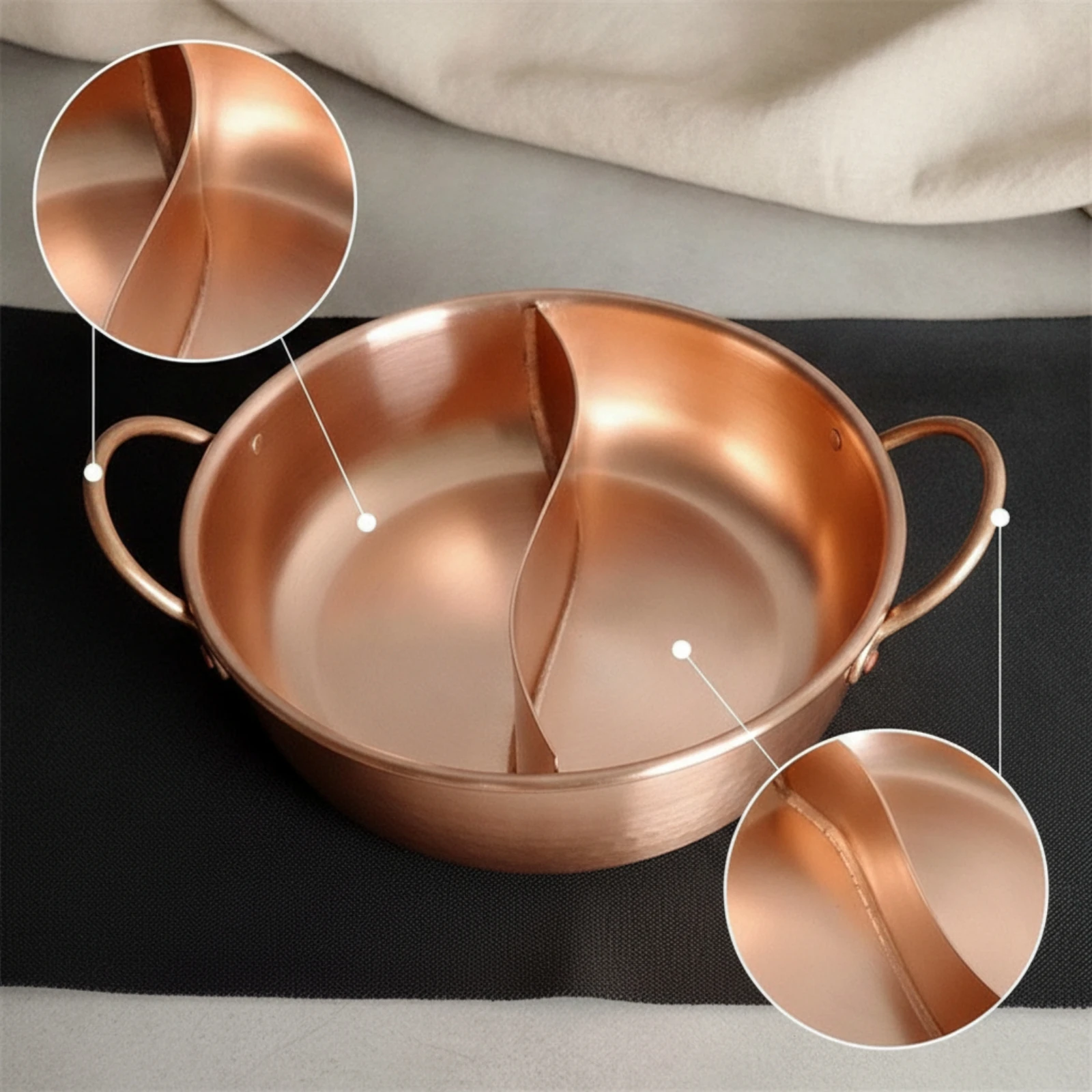 Copper Hot Pot with Divider Induction Compatible Two-Flavorflavor Hot Pot Heavy Duty Safe for Families, Family Gatherings