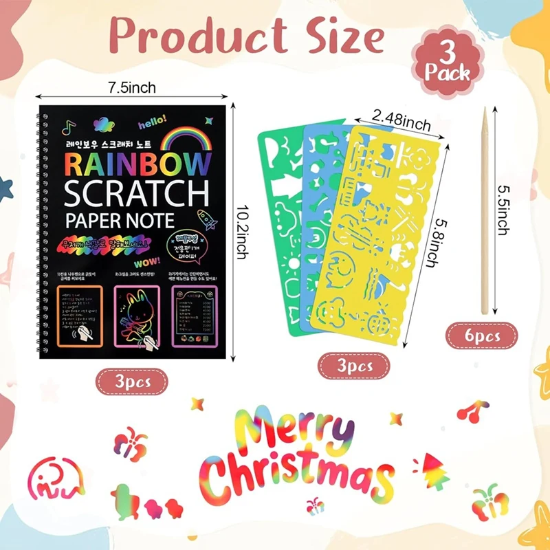 3 Packs Art for Kids, Rainbow Scratch Notebook Paper Art Gifts for Kids Art Craft Birthday Party Games Retail