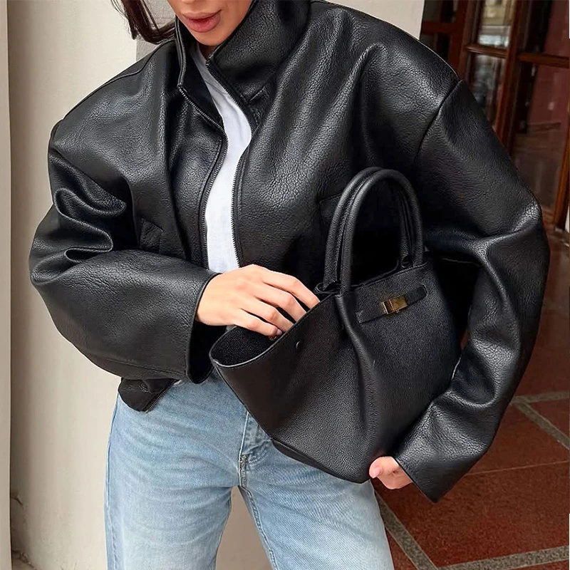 Design Sense Temperament, мода 2025 года, осень и зима, новинка, элитная черная куртка из искусственной кожи для женщин