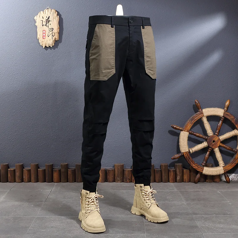 Calça preta amarrada no tornozelo masculino com bolso grande, elástico, slim-encaixe, design de patchwork, viagem ao ar livre, vestuário, moda