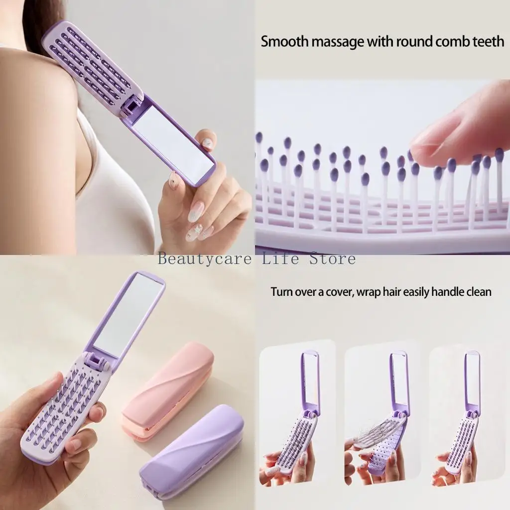 

652C Foldable Comb Mirror Hairbrush for Everyday Grooming Pocket Brush Tool