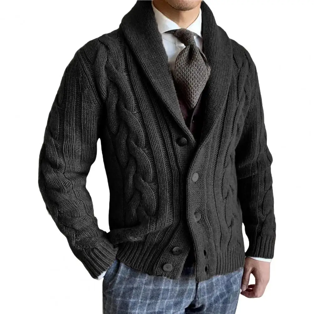 Men Knitting Coat Lapel Cardigan Sweater with Button Closure Twist Texture Knit Coat for Outerwear