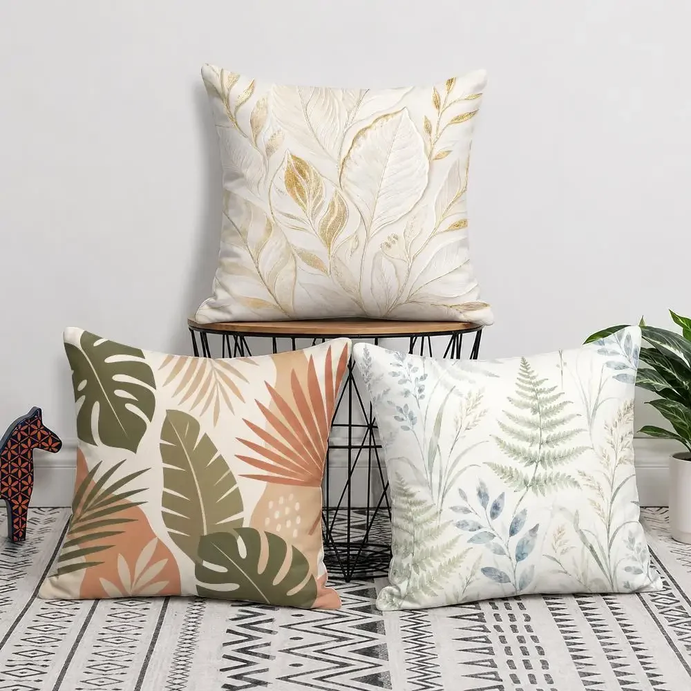 Morandi Green Botanical Plant Leaves Cushion Cover Short Plush Soft Double-Sided Pillow Case Cozy Sofa Bedroom Home Decor Gift