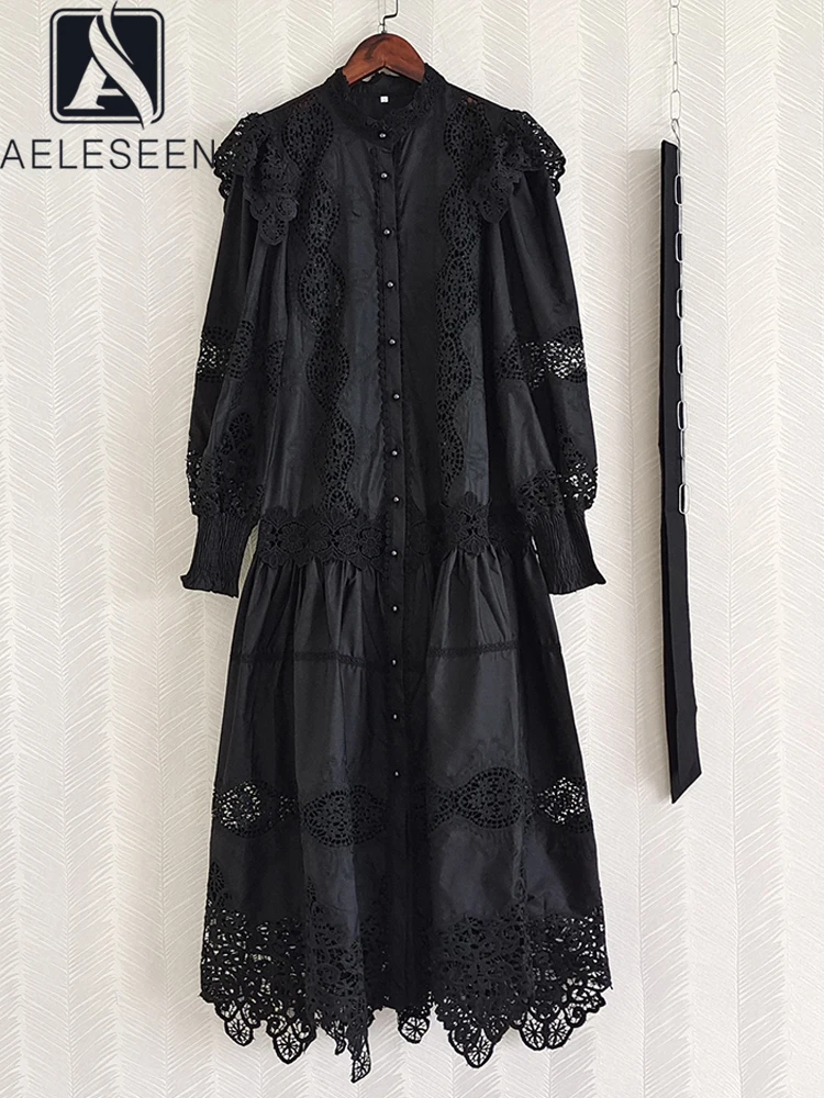 AELESEEN 2022 Autumn Winter Dress Runway Fashion Women Lantern Sleeve Black White Flower Embroidery Lace Ruffles Loose Party