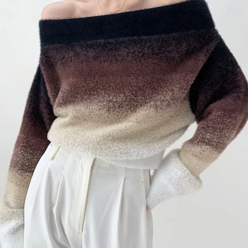 

French style one shoulder gradient sweater women's autumn and winter new loose elegant lazy style soft knitted pullover