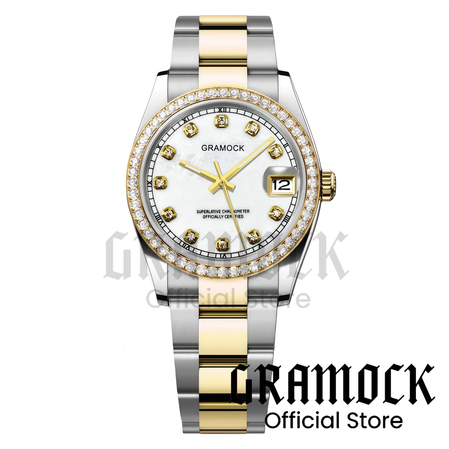 Gramock 100m Waterproof Diamond Bezel 36mm 39mm NH35A Mechanical Watch For Men&Lady Silver Gold Strap Sapphire Glass Pearl Dial