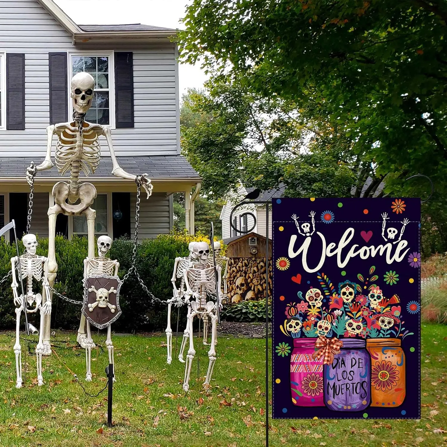 Welcome Dia De Los Muertos Garden Flag Vases Sugar Skull Flowers Day of The Dead Mexican Yard Flag 12x18 Inch Double Sided S hhz
