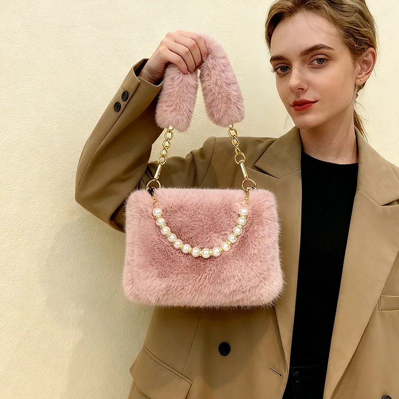 Modische Perle Kaninchenfell Handtasche Damen Umhängetasche Kette Design Winter Kleine vielseitige Umhängetasche – Detail 7