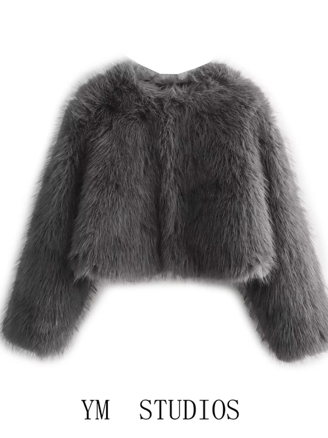 

Women's Short Grey Faux Fur Coat Warmth Plush Style Spring Collection High Waist Long Sleeve Dark Button Closure