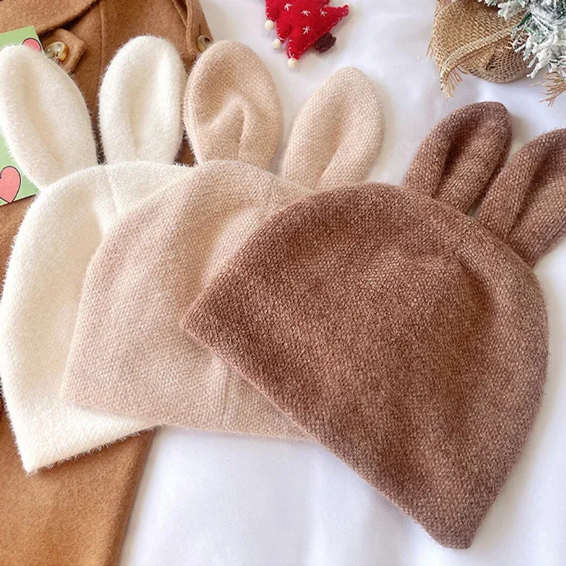 

Winter Plush Beanies for Women Solid Color Cute Rabbit Ears Knitted Hat Cartoon Bunny Girls Pullover Hats