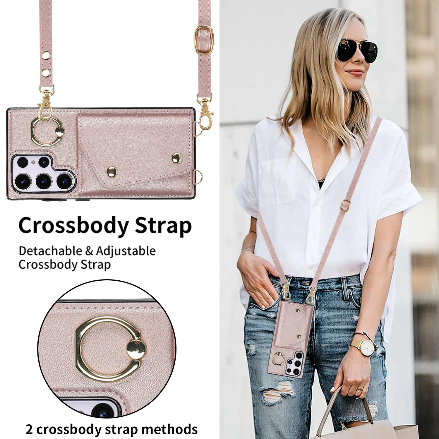 Ring Holder Crossbody Leather Wallet Case For Samsung Galaxy S23 S24 Ultra S22 Plus S21 FE A55 A15 RFID Cards Solt Lanyard Cover