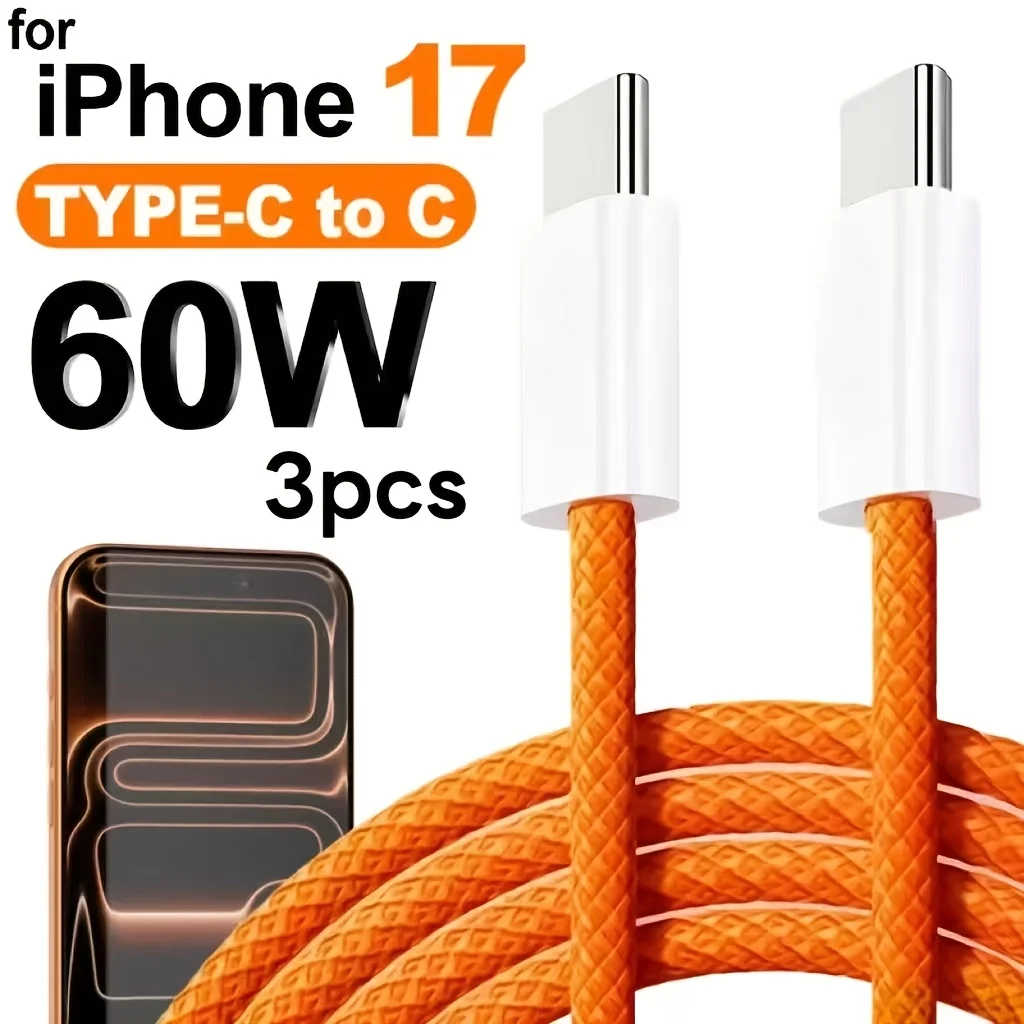 3-Pack New Model Compatible with for iphone 17 Pro Max, for iPhone 15/16 Data Cable, 60W Orange Dual Type-C Charging Cable