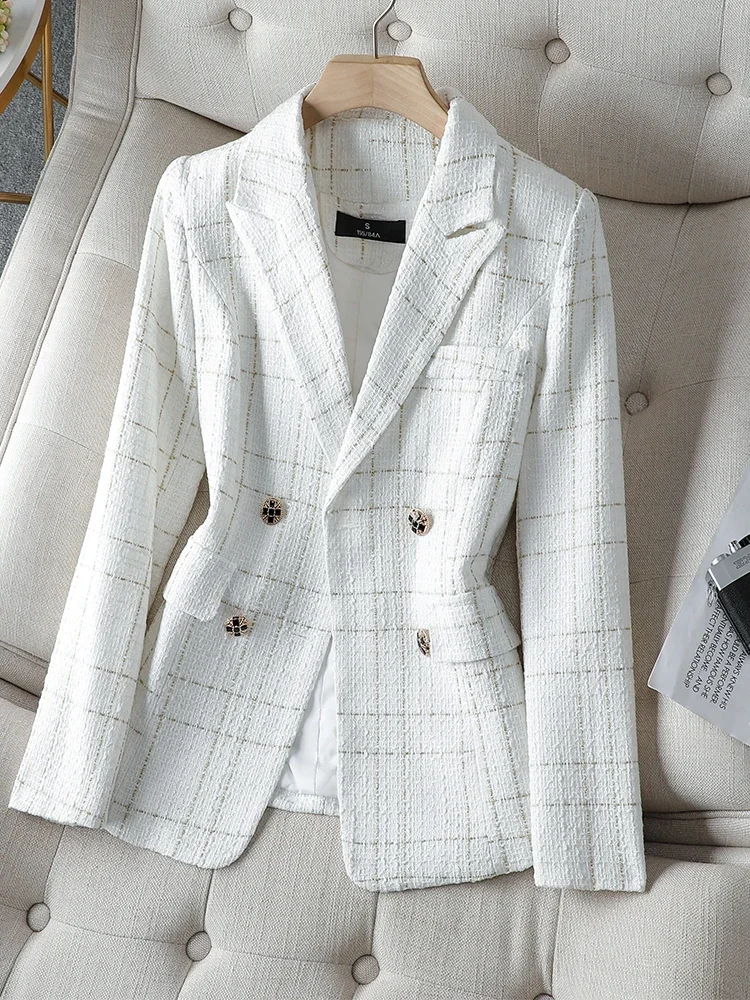 

Women Black White Plaid Blazer Ladies Autumn Winter Outwear Female Long Sleeve Single Breasted Work Wear Jacket Coat