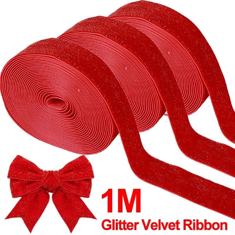 1M Red Glitter Velvet Ribbon Christmas Wreath Shimmer Satin Ribbon Wedding New Year DIY Decoration Hair Bow Craft Gifts Wrapping