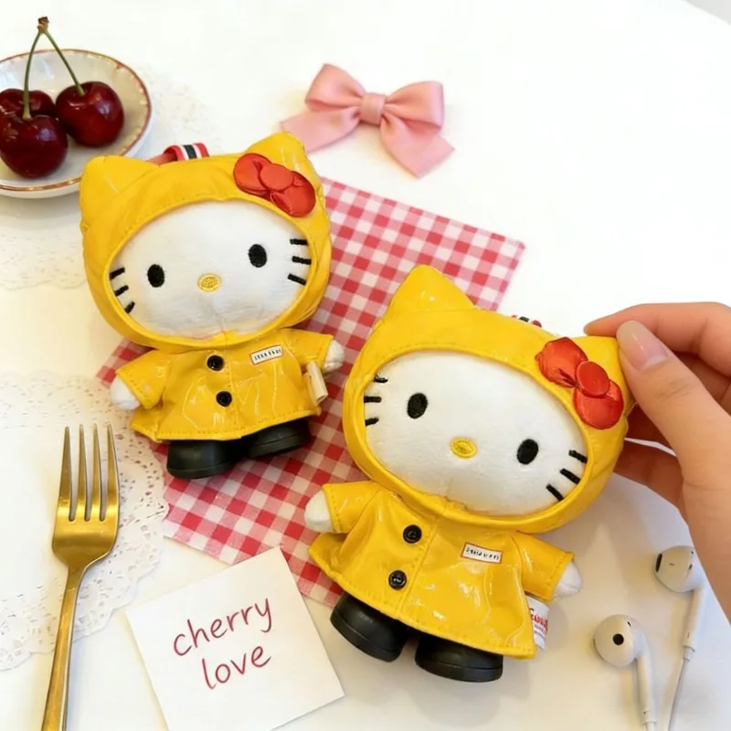 

Sanrios Kawaii Yellow Raincoat Hello Kitty Plush Dolls Toy Keychain Cartoon Rain Jacket Kitty Stuffed Animals Doll Bag Pendant