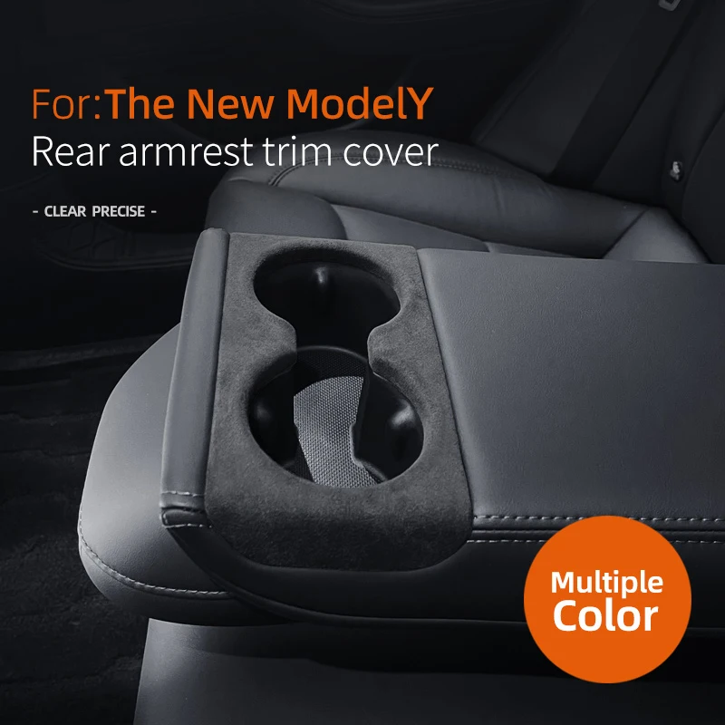 

For Tesla Model Y Juniper Launch 2025 Super Suede Overlay Rear Armrest Panel Back Row Water Cup Holder Frame Trim Cover Lid