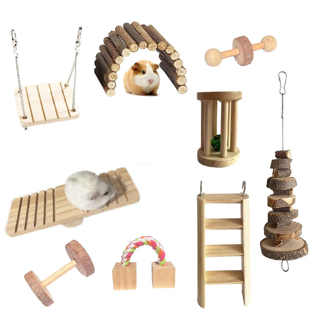 Cute Hamster Roller Toys Natural Wooden Pine Dumbells Unicycle swing Chew Molars Toys Bird Rabbit Guinea Pigs Small Pet Supplies