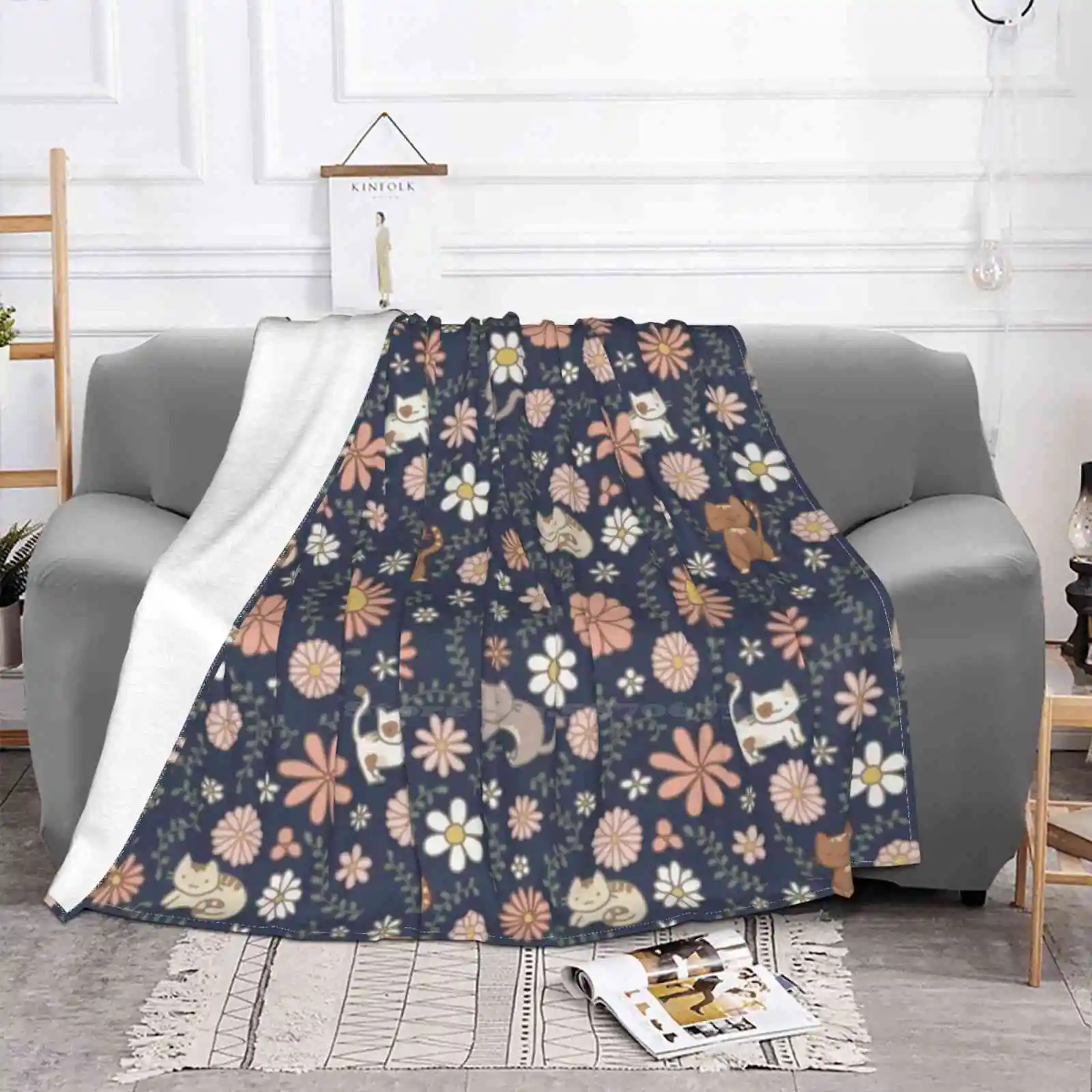 Flower Meower ( Navy ) Hot Sale Printing High Qiality Warm Flannel Blanket Cats Flowers Peach Pink White Grey Gray Navy Blue