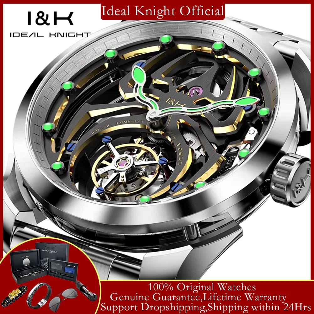 IDEAL KNIGHT 6802 Real Tourbillon Watchse for Men High-end Automatic Mechanical Men's Wristwatch 5Bar Waterproof Skeleton Watch