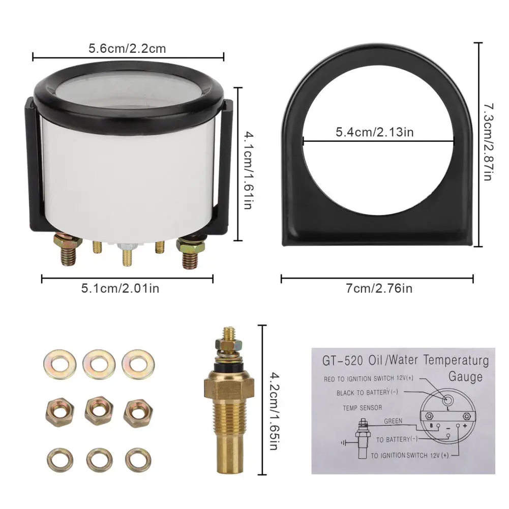 Indicatore di temperatura dell'acqua 12V 2 "52mm indicatore di temperatura dell'acqua 40 ~ 120 °C/100 ~ 250 Display a luce LED bianca con sensore di temperatura