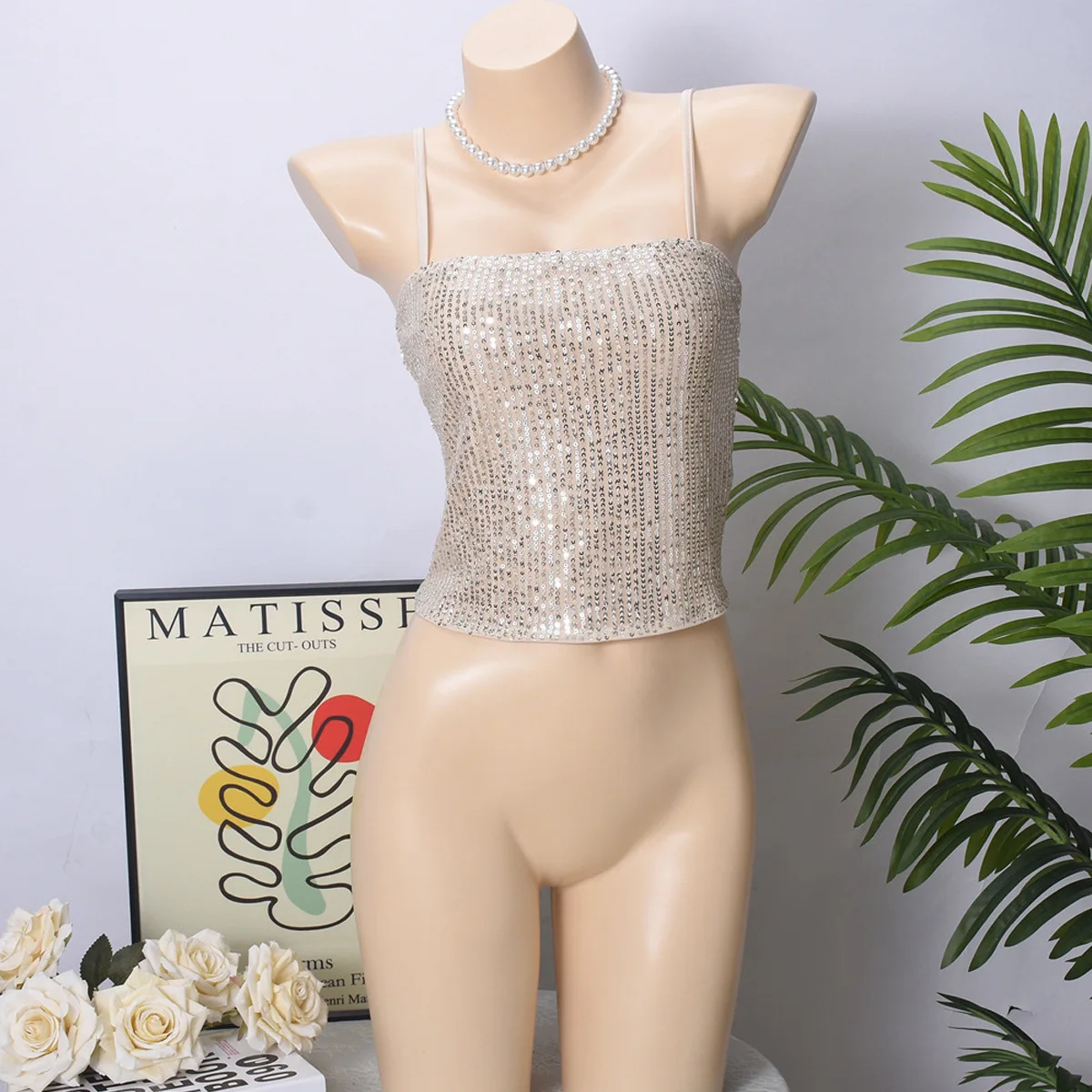 2025 summer new product AliExpress, hot-selling slim-fitting open-button backless sequins  suspender tops women's cw83374