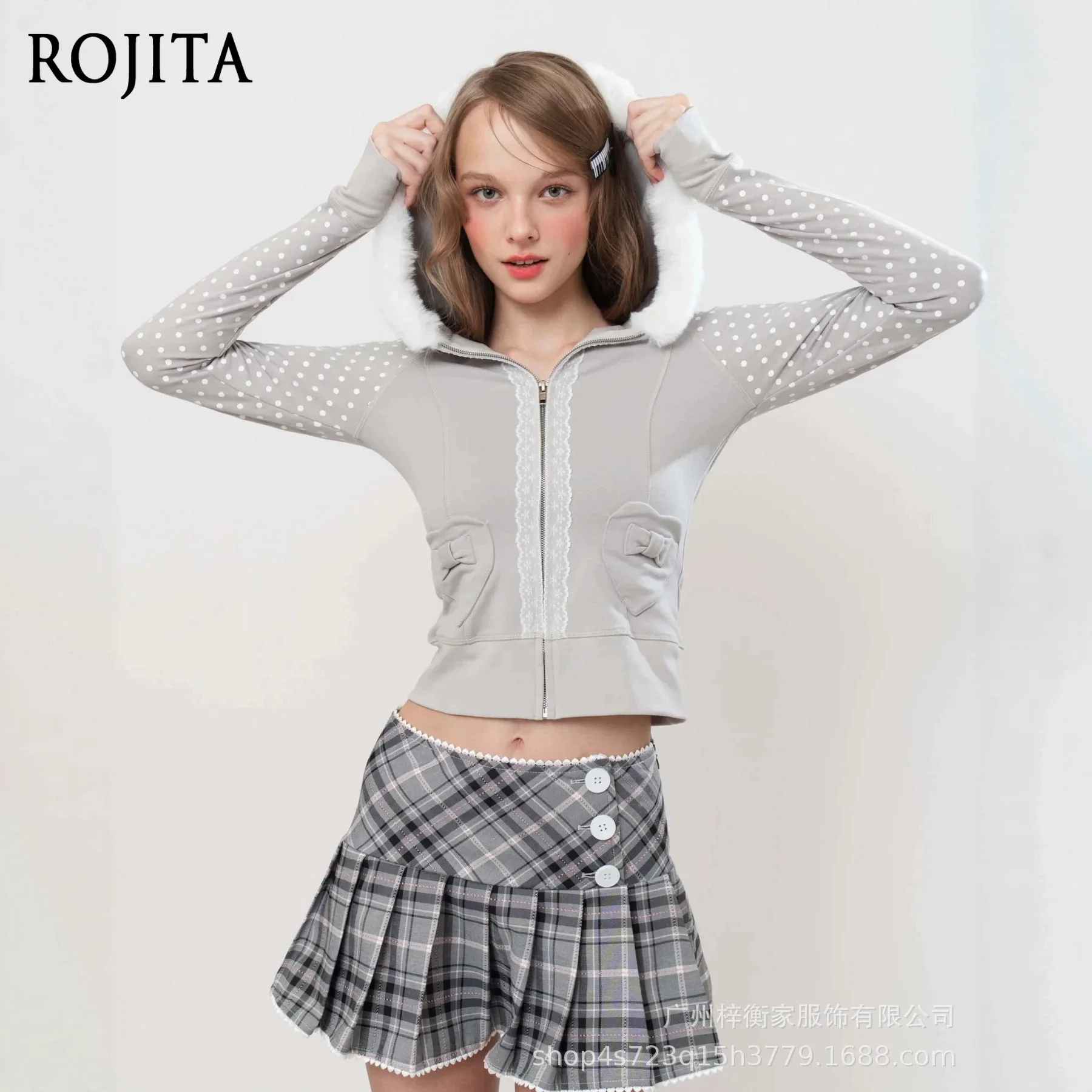 Y2K Cropped Zip Up Hoodie Fluffy Fur Trim Hood Polka Dot Long Sleeve Lace Front Heart Bow Pocket Sweet Fitted Women Jacket