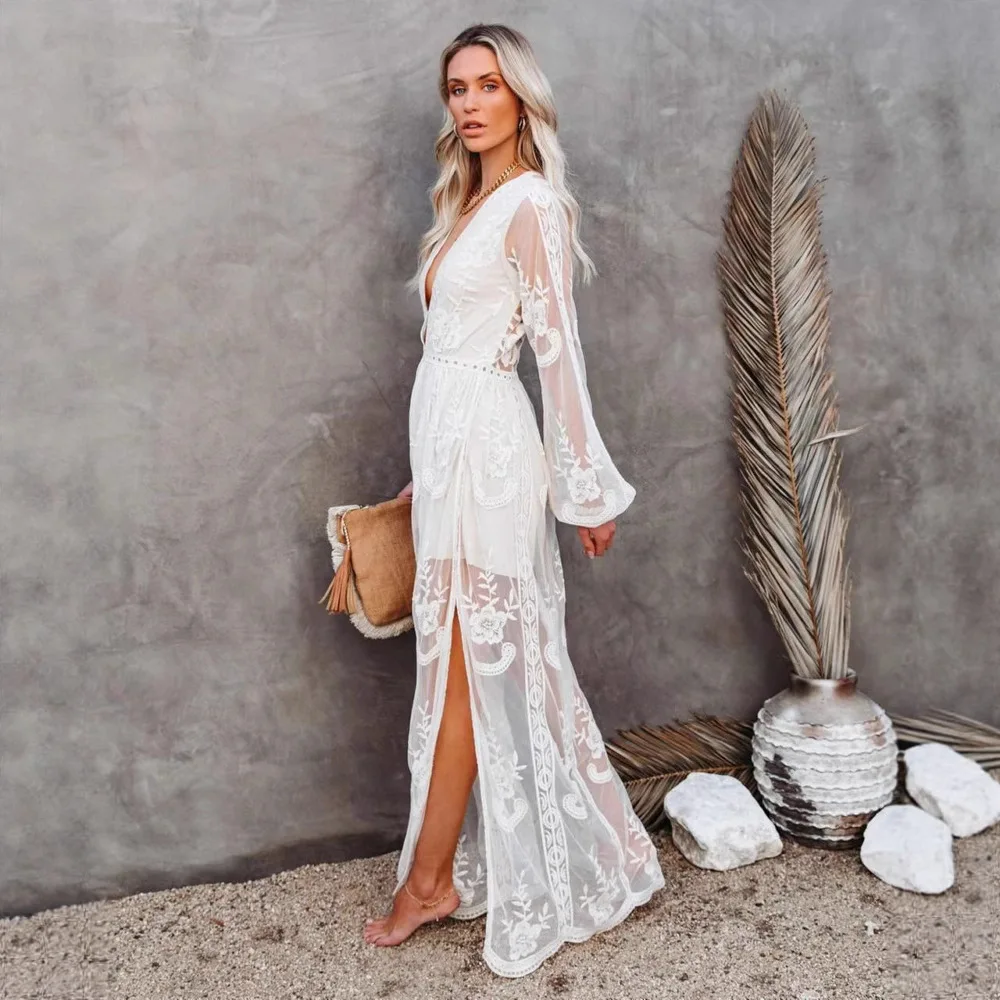 Women's Clothing Lace Dress Long-sleeve V-neck Hollow Out Floor Length Beach Dress V-neck Embroidery White Maxi Dress 2025