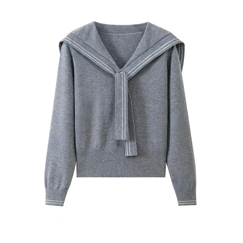 

Women's College Style Gray Shawl Striped Sweater 2026 Early Autumn New Korean Knitwear Female Pullover Loose Lady Atmosphere Top