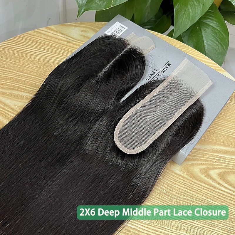 

Raw Hair 2x6 Swiss Transparent Lace Closure Straight Only Deep Middle Part Pre plucked Human Hair For Women Natural Black