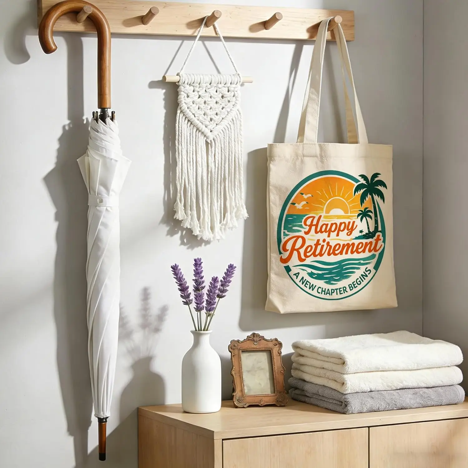 Happy Retirement Print Canvas Tote Bag Beach Sunset Seaside Design Reusable Shopping Shoulder Bag Retirement Gift for Women