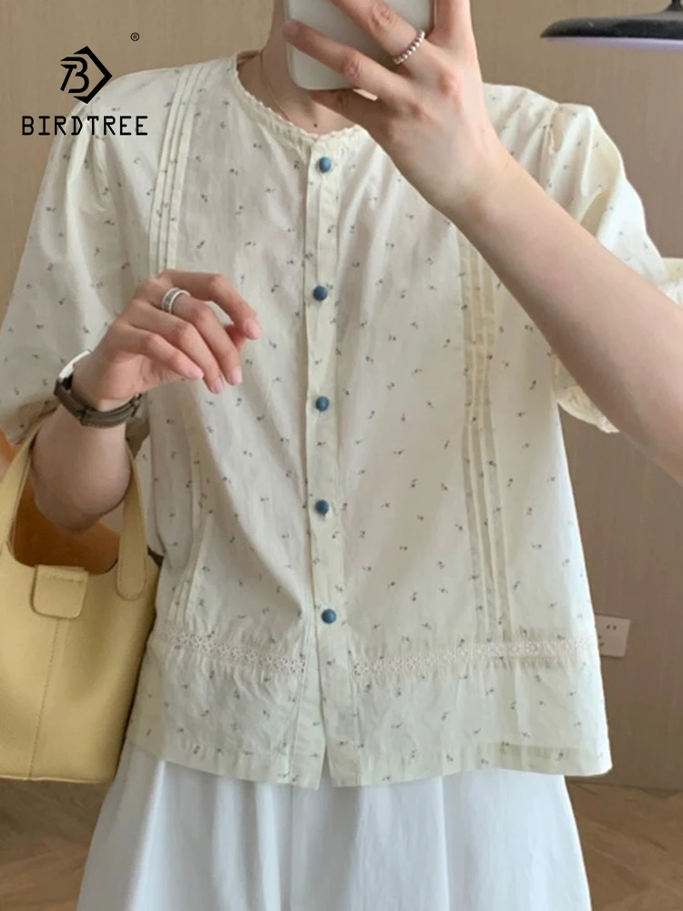 

Новая летняя хлопковая рубашка с пышными рукавами 2025, женская свободная блузка с круглым вырезом и принтом Mori Girl French Sweet Chic INS T56653CC