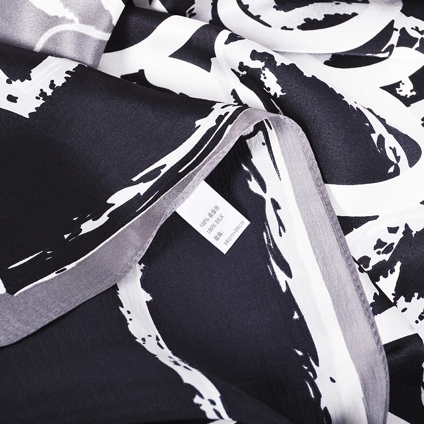 [BYSIFA] Black White Scarves Women Elegant New 100% Silk Scarf Shawl Printed Fall Winter Ladies Brand Scarves Wraps 88*88cm