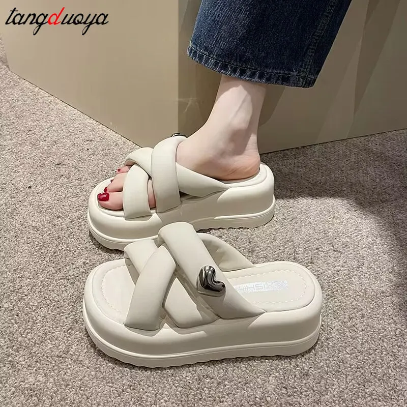 Shoes Woman 2024 Female Slippers Luxury Slides Platform Med New Soft Flat Designer Summer PU Rubber Casual Fashion Cross-tied