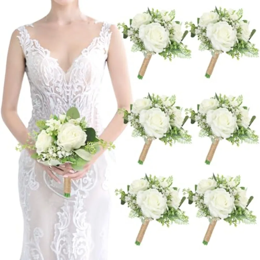 

Bridesmaids Bouquets Set of 6 Ivory White Artificial Flowers 7 Inch Bridesmaid Bouquet Wedding Pre-Made Rustic Rose Small Flora