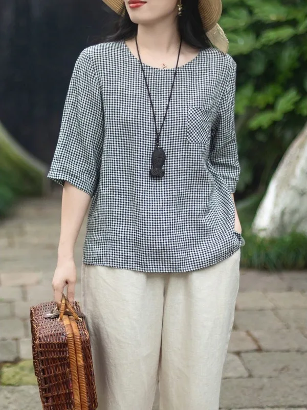 

Retro Artistic Color Woven Linen round Neck Loose Casual Shirt Women's Loose Slimming Versatile Casual Shirt Top