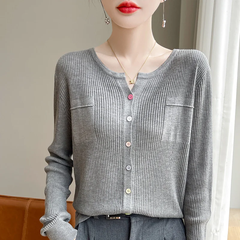 Women's Sweater Autumn/Winter 100% Pure Wool Pullover Casual Solid Color Knit Tops Japanese/Korean Loose Round V Neck Blouse