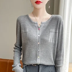 Women's Sweater Autumn/Winter 100% Pure Wool Pullover Casual Solid Color Knit Tops Japanese/Korean Loose Round V Neck Blouse