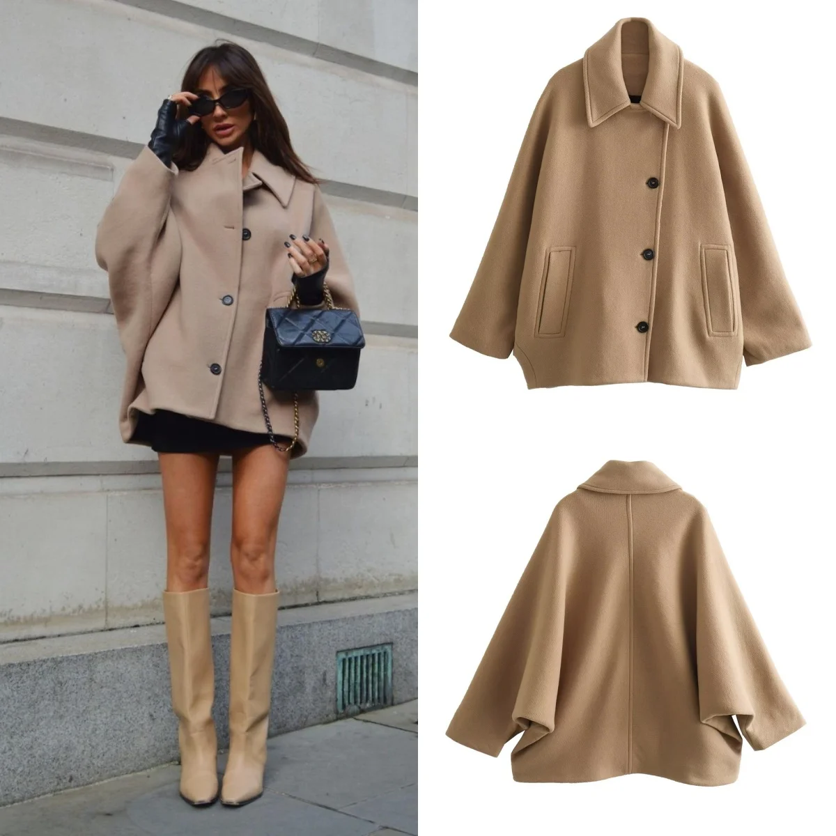 PB&ZA 2024 early autumn new women's fashion temperament versatile loose slim short cape sleeve coat jacket