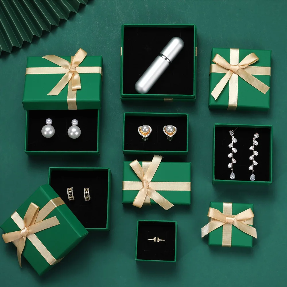 10pcs Green High-End Branded Luxury Jewelry Bow Box Wedding Gift Elegant Packaging Boxes Reusable Sponge Lining Paperboard Case