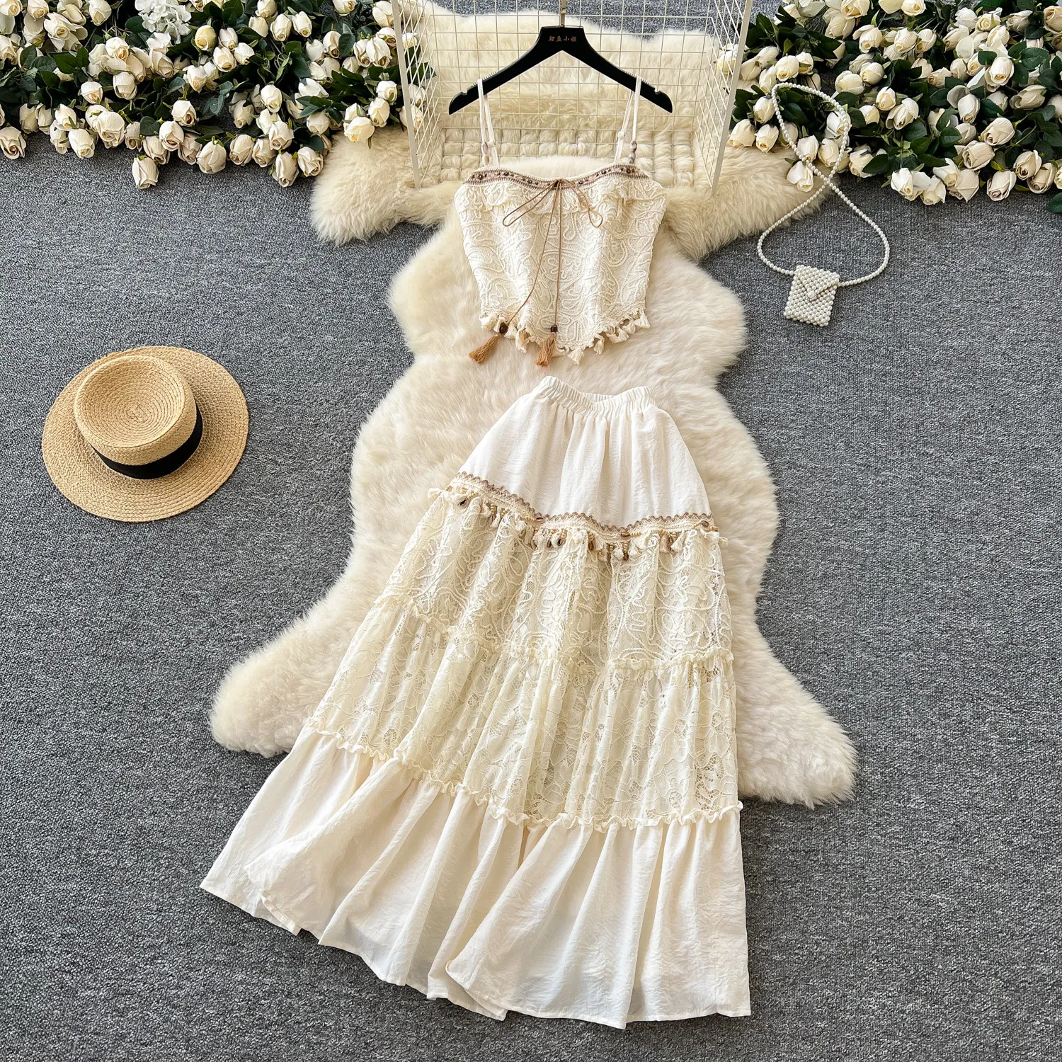 Travel Vacation Skirts Set for Women 2026 Summer Sweet Tassel Strap Top Lace Splicing High Waist Half Skirt 2Pieces Outfit