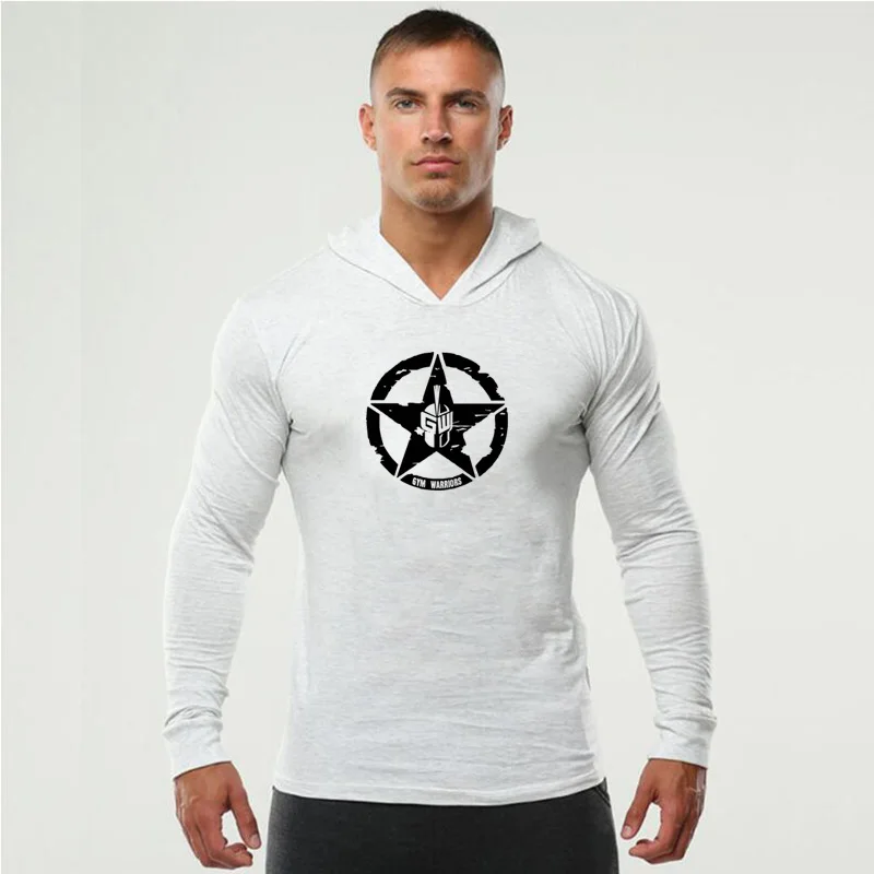 Men\'s Fashion Sportswear Fitness Hooded T-Shirt Mens Long Sleeve Bodybuilding Tee Shirt Man Gym Jogger Sweatshirt Workout Tshirt