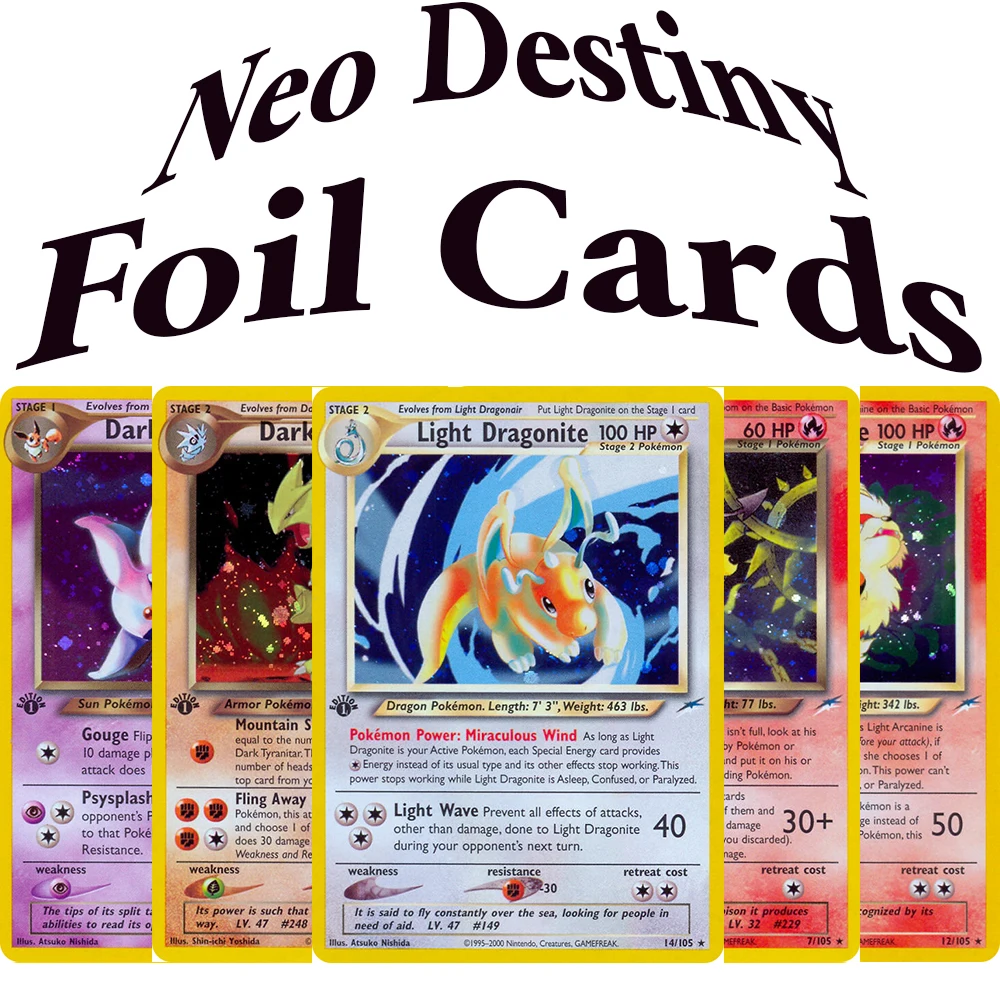 

Коллекционные карты PKM Neo Destiny (N4) с фольгированным покрытием: Shining Charizard/Tyranitar/Mewtwo/Celebi/Raichu/Kabutops, Dark Gengar, Dark Espeon