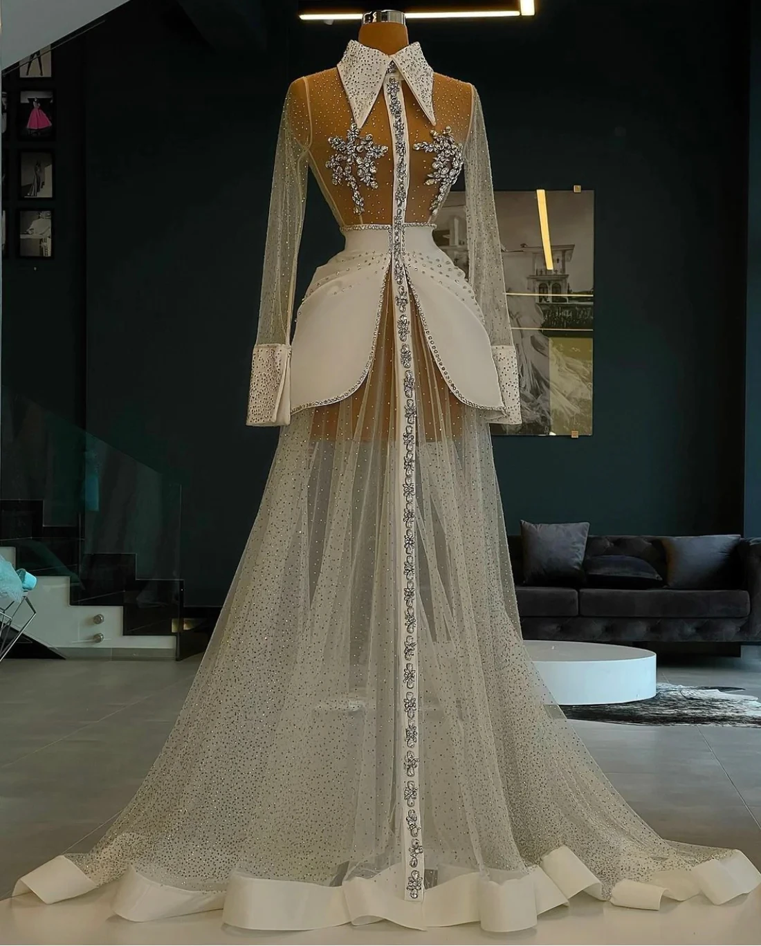 Haute Couture Prom Dresses A-line Long Sleeves Tulle Beaded Crystals Saudi Arabia Dubai Robe De Soiree Evening Dress Gown