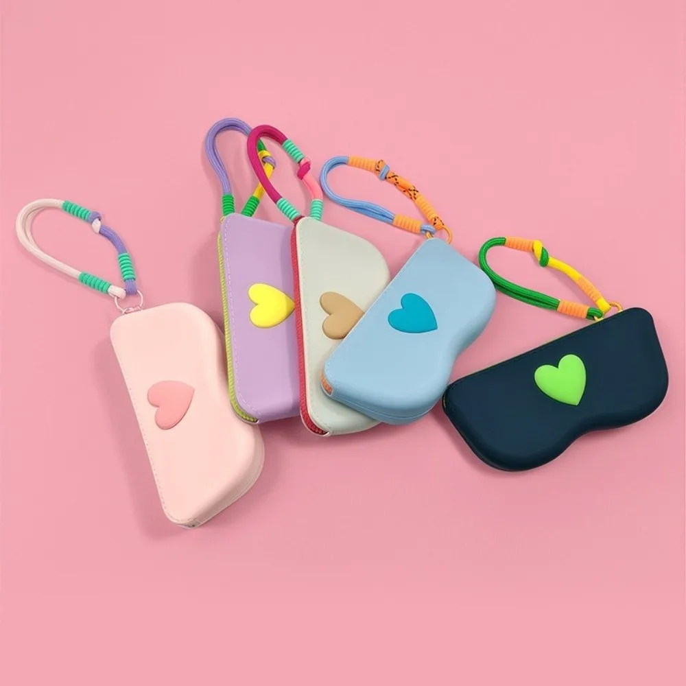 Coin Purse Waterproof Silicone Glasses Case Heart Dustproof Love Heart Glasses Bag INS Woven Lanyard Sunglasses Pouch for Girls
