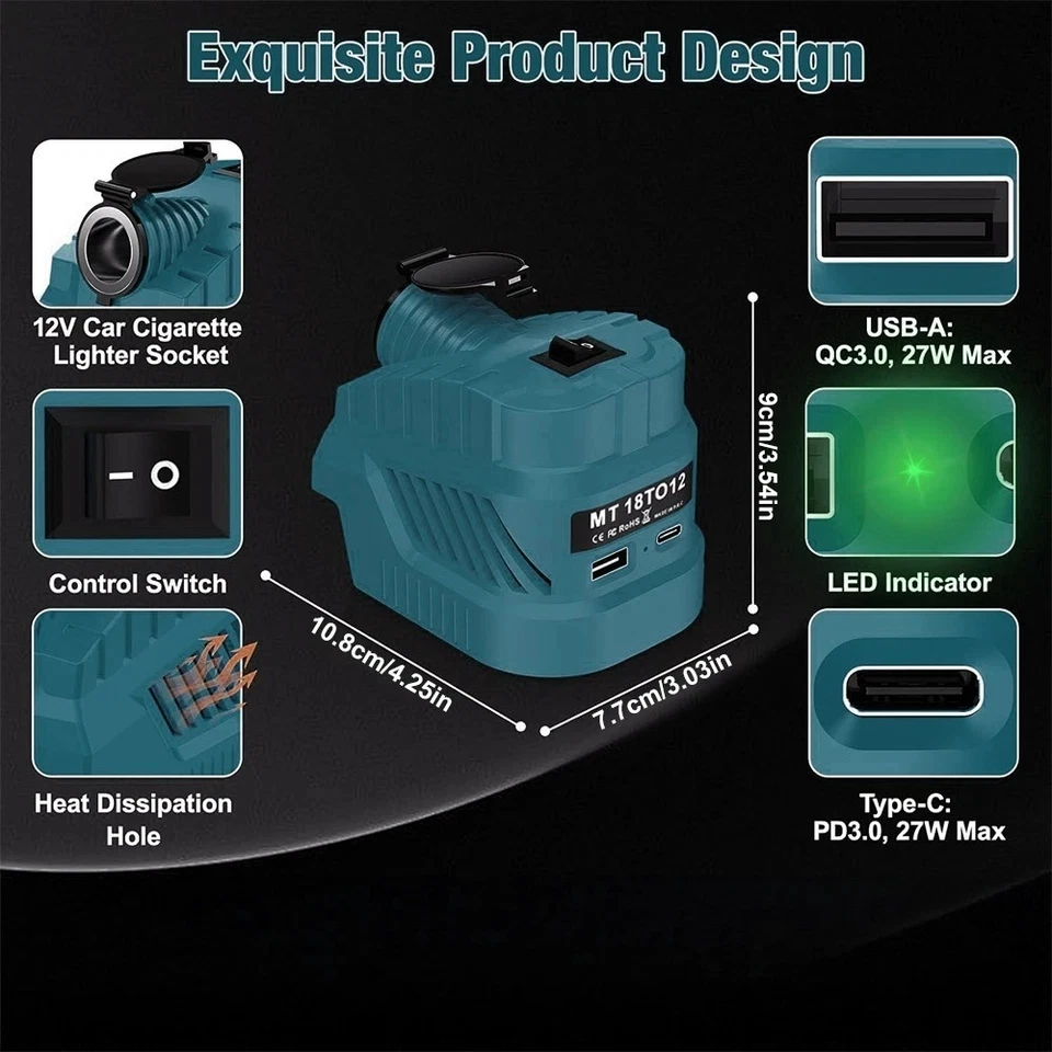 Spannungswandler für Makita/Milwaukee/Dewalt, 20V auf 12V Stromversorgungsadapter, Auto-Zigarettenanzünder mit USB- und Typ-C-Anschluss – Detail 7